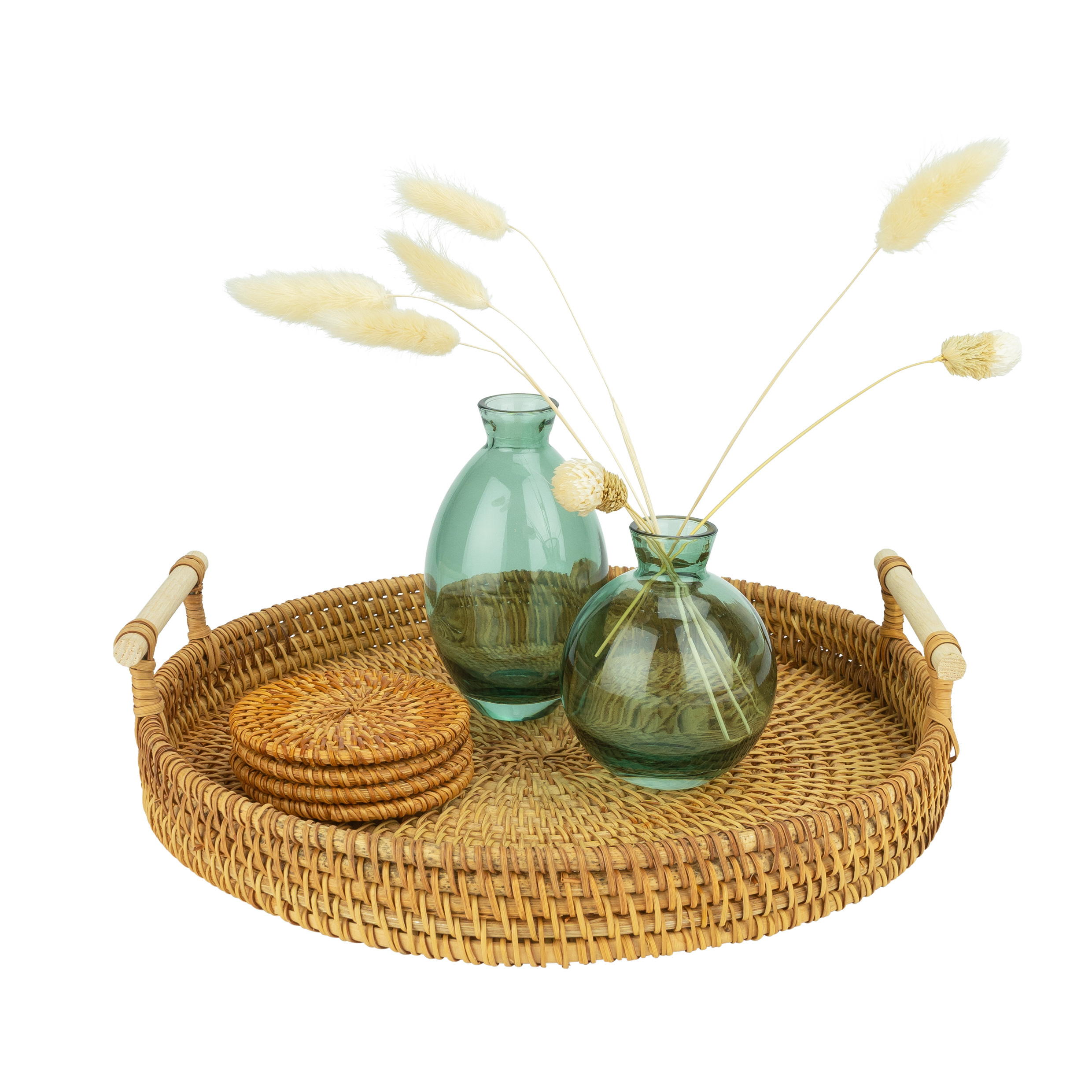 QUVIO Dienblad met handvaten rond - 28 cm - Rotan - QUVIO Dienblad met handvaten rond - 28 cm - Rotan -